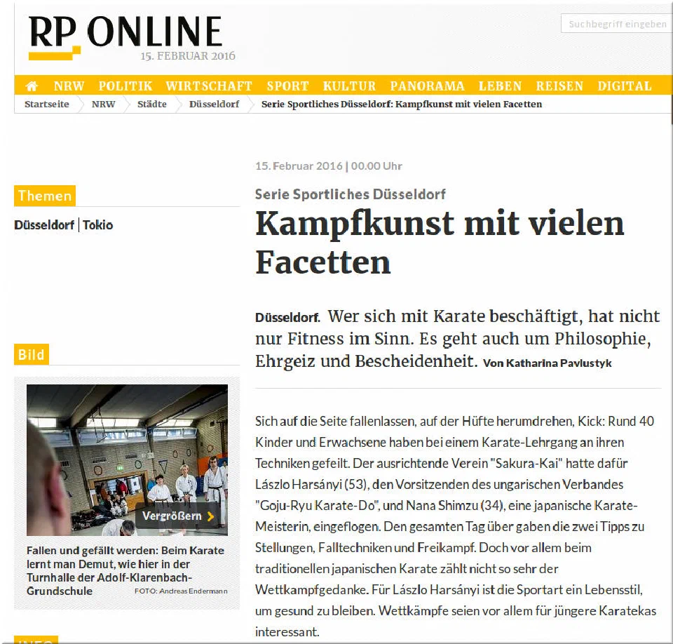 Ausschnitt des Rheinische-Post-Artikels Kampfkunst mit vielen Facetten vom 15. Februar 2016