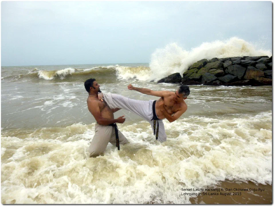 Shihan László Harsányi beim Karate-Training im Meer in Sri Lanka, August 2015
