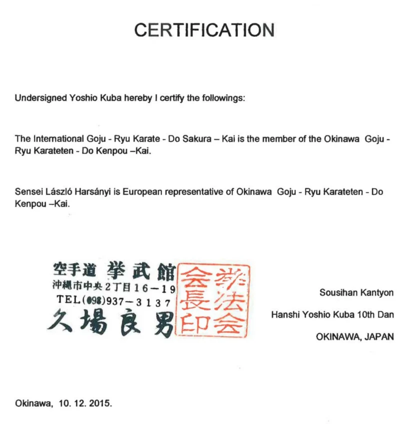 Affiliation-Zertifikat von Shihan László Harsányi als europäischer Repräsentant des Okinawa Goju-Ryu Karate-Do Kenpou-Kai